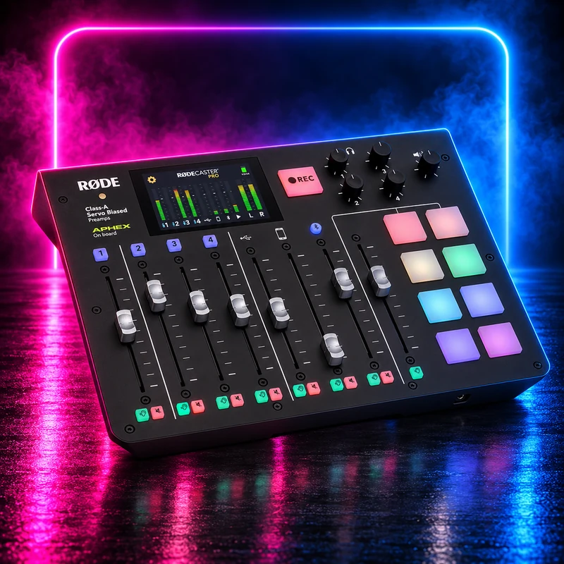 RØDECaster Pro prima generazione su sfondo neon magenta e blu